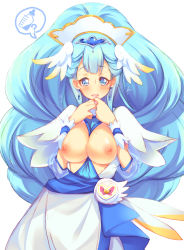 Rule 34 | 1girl, blue dress, blue eyes, blue hair, blush, breasts, commentary request, cure ange, dress, earrings, eyelashes, hair ornament, highres, hugtto! precure, jewelry, large breasts, long hair, looking at viewer, magical girl, nipples, precure, simple background, sketch, solo, speech bubble, standing, very long hair, wara@, white background, wrist cuffs, yakushiji saaya