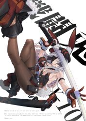 Rule 34 | 1girl, :d, abs, animal ears, ayaki, bare shoulders, black gloves, black headwear, black pantyhose, breasts, covered erect nipples, dated, english text, eyepatch, fake animal ears, from above, gloves, grey hair, highres, holding, holding sword, holding weapon, leg up, leotard, long hair, medium breasts, open mouth, original, pantyhose, playboy bunny, rabbit ears, sideboob, signature, smile, strapless, strapless leotard, sword, weapon