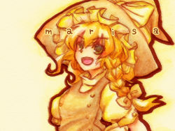 Rule 34 | 1girl, :d, blonde hair, eyebrows, female focus, frills, green eyes, hat, kirisame marisa, looking up, open mouth, puffy short sleeves, puffy sleeves, short sleeves, smile, solo, touhou, upper body, witch, witch hat