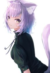 Rule 34 | 1girl, absurdres, animal ear fluff, animal ears, black shirt, blouse, cat ears, cat girl, cat tail, closed mouth, from side, grey ribbon, highres, hololive, looking at viewer, neck ribbon, nekomata okayu, ribbon, shirt, short hair, short sleeves, simple background, solo, sui. (suikun), tail, upper body, virtual youtuber, white background