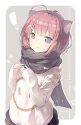 Rule 34 | !, 1girl, ahoge, animal ears, black scarf, black skirt, bow, brown bow, brown hair, cat ears, cat girl, enpera, grey background, grey eyes, hair ornament, hairclip, hands up, linfi-muu, looking at viewer, open mouth, original, paw print, scarf, skirt, sleeves past wrists, solo, sweater, teeth, upper body, white background, white bow