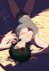 Rule 34 | 1girl, absurdres, armpits, bed sheet, black hair, breasts, chainsaw man, cleavage, commentary, eyepatch, green eyes, grey panties, grey shirt, highres, himeno (chainsaw man), looking at viewer, medium breasts, panties, parted lips, raneblu, shirt, short hair, signature, simple background, sleeveless, sleeveless shirt, smile, solo, underwear, upside-down