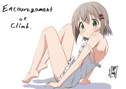 Rule 34 | 1girl, bare legs, bare shoulders, barefoot, blush, chemise, child, commentary request, copyright name, dress, english text, engrish text, full body, green eyes, grey hair, hair ornament, knees up, kohshibasaki, legs, looking at viewer, ranguage, short hair, shoulder blades, sitting, smile, solo, strap slip, white background, white dress, yama no susume, yukimura aoi