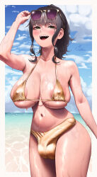 Rule 34 | 1futa, absurdres, areola slip, arm up, artist name, bare shoulders, beach, bikini, black hair, breast shadow, breasts, bulge, cloud, erection, erection under clothes, fang, futanari, green eyes, highres, large breasts, large penis, long hair, looking at viewer, navel, nipples, ocean, open mouth, original, outdoors, penis, penis in swimsuit, ponytail, sabakan oekaki, see-through, shadow, sky, smile, solo, standing, sunglasses, sunglasses on head, swimsuit, teeth, testicles, uncensored, upper teeth only, veins, veiny penis, water, wet