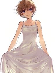 Rule 34 | 1girl, bare arms, bare shoulders, brown hair, closed mouth, commentary request, cowboy shot, dress, head tilt, looking at viewer, original, purple eyes, romiy, see-through, short hair, simple background, skirt hold, sleeveless, sleeveless dress, smile, solo, standing, white background, white dress