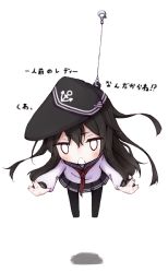Rule 34 | 10s, 1girl, akatsuki (kancolle), blush, chibi, frown, hanging, itituki, kantai collection, long hair, outstretched arms, pantyhose, personification, pleated skirt, salute, school uniform, serafuku, skirt, solo, translation request, vulcan salute, white background