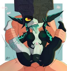 Rule 34 | 1girl, absurdres, artist name, blush, breasts, bunbunmuffinart, colored sclera, colored skin, helmet, hetero, highres, midna, monster girl, multicolored skin, neon trim, nintendo, nipples, nude, one eye covered, pointy ears, pussy, red eyes, sex, stomach, stomach bulge, the legend of zelda, the legend of zelda: twilight princess, thighs, two-tone skin, vaginal, yellow sclera
