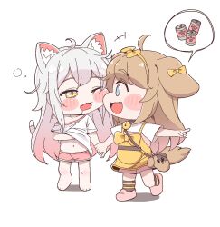 2girls :3 ahoge animal_ear_fluff animal_ears artist_request bag barefoot bell blue_eyes bow brown_eyes brown_hair butter_(trickcal) can canned_food cat_ears cat_girl cat_tail chibi clothes_lift collar dog_ears dog_girl dog_tail drooling face-to-face fang full_body hair_bow hand_under_clothes highres holding_hands jingle_bell komi_(trickcal) lifting_own_clothes long_hair messy_hair multiple_girls navel neck_bell off_shoulder one_eye_closed open_mouth pink_footwear pink_hair pink_shorts pointing ribbon saliva shirt shirt_lift shoes short_sleeves shorts sleepy slit_pupils smile socks spoken_object squeans stomach striped_clothes striped_socks tail trickcal white_shirt yellow_ribbon yellow_shirt