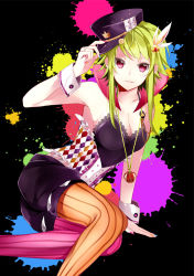 Rule 34 | 1girl, asymmetrical legwear, breasts, cleavage, corsage, corset, green hair, gumi, hair ornament, hat, hatsuko, inkblot, jewelry, killer lady (vocaloid), mismatched legwear, nail polish, necklace, pantyhose, pendant, red eyes, short hair with long locks, shorts, solo, striped clothes, striped legwear, striped pantyhose, vertical-striped clothes, vertical-striped pantyhose, vocaloid