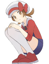Rule 34 | 1girl, absurdres, blue overalls, bow, brown eyes, brown hair, cabbie hat, closed mouth, commentary request, creatures (company), frown, full body, game freak, hat, hat bow, highres, long hair, looking at viewer, lyra (pokemon), nintendo, overalls, pokemon, pokemon hgss, red bow, red footwear, red shirt, shirt, shoes, simple background, solo, split mouth, squatting, thighhighs, thighs, todo (wthmw), twintails, white background, white hat