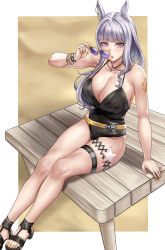 Rule 34 | 1girl, absurdres, animal ears, arm support, arm tattoo, black footwear, black one-piece swimsuit, blunt bangs, bracelet, breasts, cleavage, collarbone, unworn eyewear, gold ship (run revolt launcher) (umamusume), gold ship (umamusume), grey hair, high heels, highres, holding, holding removed eyewear, horse ears, horse girl, horse tail, jewelry, large breasts, long hair, looking at viewer, nail polish, necklace, one-piece swimsuit, parted lips, pink eyes, sandals, sitting, solo, stmoon, sunglasses, swimsuit, tail, tattoo, thigh strap, umamusume, yellow nails