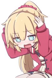 Rule 34 | 1girl, absurdres, akai haato, akai haato (casual), blonde hair, blue eyes, blush, chibi, commentary, emoji, female focus, hair ornament, hands on own head, heart, heart hair ornament, highres, hololive, jacket, kurotategami, long hair, looking down, open mouth, panicking, parody, ponytail, simple background, solo, transparent background, twitch.tv, virtual youtuber, white background