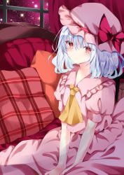 Rule 34 | 1girl, ascot, blue hair, blush, bow, closed mouth, collared shirt, curtains, frilled shirt collar, frills, hair between eyes, hat, hat bow, indoors, mob cap, nanase nao, night, pink hat, pink shirt, pink skirt, plaid pillow, puffy short sleeves, puffy sleeves, red bow, red eyes, remilia scarlet, shirt, short sleeves, skirt, sky, smile, solo, star (sky), starry sky, touhou, window, yellow ascot