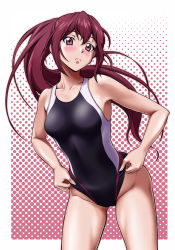 Rule 34 | 10s, 1girl, adjusting clothes, adjusting swimsuit, blush, breasts, competition swimsuit, free!, frown, highleg, highleg swimsuit, highres, kijichuu masahiro, kijinaka mahiro, long hair, matsuoka gou, one-piece swimsuit, ponytail, red eyes, red hair, solo, swimsuit, wide hips