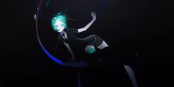 Rule 34 | 1other, amputee, aqua eyes, arm at side, belt, black background, black footwear, black necktie, cracked skin, crystal hair, double amputee, gem uniform (houseki no kuni), glint, highres, houseki no kuni, looking at viewer, meru02295238, necktie, other focus, outstretched arm, phosphophyllite, puffy short sleeves, puffy sleeves, severed limb, shards, shoes, short sleeves, shorts, simple background, solo, surprised