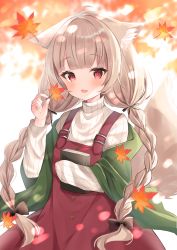 Rule 34 | 1girl, :d, animal ear fluff, animal ears, autumn leaves, black bow, blurry, blurry background, blush, book, bow, braid, commentary request, depth of field, dress, fang, hair bow, hamico, highres, holding, holding leaf, hugging object, leaf, long hair, long sleeves, looking at viewer, low twintails, maple leaf, open mouth, original, pinafore dress, red dress, red eyes, ribbed sweater, shawl, sleeveless, sleeveless dress, sleeves past wrists, smile, solo, sweater, tail, turtleneck, turtleneck sweater, twin braids, twintails, very long hair, white sweater