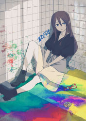 Rule 34 | 1girl, absurdres, against wall, black footwear, black shirt, blouse, blue eyes, boots, bow, bright pupils, brown hair, collarbone, colorful, deg (deguana), empty eyes, english text, unworn eyewear, furusawa yoriko, glasses, hair between eyes, hands on lap, highres, idolmaster, idolmaster cinderella girls, knee up, long hair, looking at viewer, looking to the side, mole, mole under eye, on floor, open mouth, paint splatter, pale skin, parted lips, puffy sleeves, red-framed eyewear, shirt, shower (place), sitting, skirt, solo, stained clothes, tile wall, tiles, v arms, white bow, white skirt