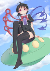 Rule 34 | 1girl, absurdres, ahoge, asymmetrical wings, black dress, black hair, black thighhighs, blue sky, blue wings, blush, bow, bowtie, breasts, buttons, center frills, closed mouth, cloud, commentary, covered navel, day, dress, frilled dress, frills, full body, highres, houjuu nue, littiecy, looking at viewer, looking down, no shoes, pointy ears, red bow, red bowtie, red eyes, red wings, short dress, short hair, short sleeves, signature, sitting, skindentation, sky, small breasts, smile, solo, thighhighs, thighs, touhou, ufo, wings