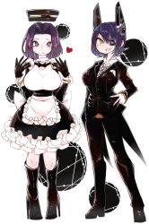 Rule 34 | 10s, 2girls, alternate costume, black gloves, blue hair, blush, boots, breasts, butler, eyepatch, female butler, full body, gloves, halo, hand on own hip, heart, high heel boots, high heels, kantai collection, large breasts, looking at viewer, maid, mato tsuyoi, mechanical halo, multiple girls, purple eyes, purple hair, sharp teeth, short hair, smile, tatsuta (kancolle), teeth, tenryuu (kancolle), white gloves, yellow eyes