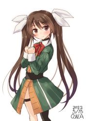 Rule 34 | 1girl, adapted costume, artist name, asymmetrical legwear, black legwear, bow, bowtie, brown hair, commentary request, cowboy shot, dated, dress, green dress, hair between eyes, hair ribbon, highres, kantai collection, long hair, looking at viewer, one-hour drawing challenge, owa (ishtail), red bow, red bowtie, ribbon, simple background, solo, standing, tone (kancolle), twintails, uneven legwear, white background