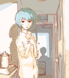 Rule 34 | artist request, ayanami rei, blue hair, dress shirt, hands on own chest, kettle, neon genesis evangelion, non-web source, open mouth, red eyes, shadow, shirt, short hair, silhouette, solo, sunset