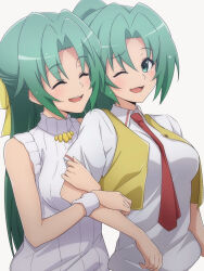 Rule 34 | 2girls, ;d, ^ ^, arm hug, between breasts, breasts, closed eyes, commentary request, eyelashes, fang, green eyes, green hair, hair ribbon, half updo, happy, higurashi no naku koro ni, large breasts, long hair, multiple girls, necktie, necktie between breasts, nishizuki shino, one eye closed, open clothes, open mouth, open vest, parted bangs, ponytail, red necktie, ribbed shirt, ribbon, shirt, short sleeves, siblings, simple background, sisters, skin fang, sleeveless, sleeveless shirt, smile, sonozaki mion, sonozaki shion, straight hair, turtleneck, twins, upper body, very long hair, vest, white background, white shirt, white wrist cuffs, wrist cuffs, yellow ribbon, yellow vest