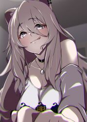 Rule 34 | 1girl, animal ears, black choker, blush, breasts, choker, chromatic aberration, cleavage, closed mouth, commentary, ear piercing, from below, grey eyes, grey hair, hair between eyes, highres, hololive, jewelry, large breasts, licking lips, lion ears, lion girl, long hair, looking at viewer, necklace, off shoulder, official alternate costume, piercing, pov, shirt, shishiro botan, shishiro botan (casual), smile, solo, t-shirt, tongue, tongue out, upper body, virtual youtuber, white shirt, yamaki (yamaki801)