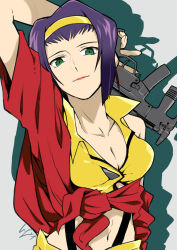 Rule 34 | 1girl, bare arms, breasts, cleavage, closed mouth, collarbone, cowboy bebop, eyebrows, faye valentine, fingernails, green eyes, gun, hairband, holding, holding gun, holding weapon, io naomichi, lips, looking at viewer, medium breasts, navel, pink lips, popped collar, purple hair, short hair, silhouette, single bare shoulder, sleeveless, smile, solo, stomach, suspenders, trigger discipline, upper body, weapon, yellow hairband