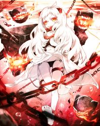 Rule 34 | 10s, 1girl, abyssal ship, ahoge, aircraft, airplane, bad id, bad pixiv id, barefoot, black panties, chain, clothes lift, colored skin, covering own mouth, dress, dress lift, fujikiri yana, gloves, groin, horns, kantai collection, long hair, looking at viewer, machinery, mittens, northern ocean princess, pale skin, panties, red eyes, side-tie panties, side ponytail, underwear, white dress, white gloves, white hair, white skin, yanase