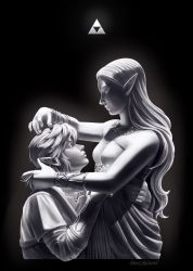 Rule 34 | 1boy, 1girl, bare shoulders, black background, bracer, breasts, cleavage, dress, earrings, greyscale, hair between eyes, hand in another&#039;s hair, hand on another&#039;s back, highres, jewelry, layered shirt, link, long dress, long hair, long sleeves, looking at another, looking down, looking up, low ponytail, medium breasts, medium hair, mochiwei, monochrome, necklace, nintendo, pointy ears, princess zelda, short sleeves, sidelocks, smile, strapless, strapless dress, the legend of zelda, the legend of zelda: breath of the wild, triforce, tunic, upper body, white dress