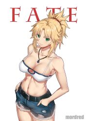 Rule 34 | 1girl, alternate breast size, bandeau, bare arms, bare shoulders, belt, black belt, blonde hair, breasts, camisole, character name, cleavage, commentary request, cowboy shot, cutoffs, denim, denim shorts, fate/apocrypha, fate (series), ge (zmq67911029), green eyes, large breasts, long hair, looking at viewer, midriff, mordred (fate), mordred (fate/apocrypha), navel, ponytail, short shorts, shorts, sidelocks, simple background, smile, solo, spaghetti strap, standing, stomach, white background