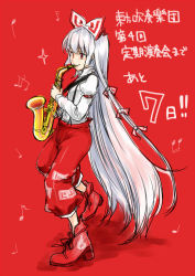 Rule 34 | 1girl, bow, fujiwara no mokou, hair bow, instrument, long hair, monrooru, music, musical note, ofuda, playing instrument, quaver, red background, saxophone, simple background, solo, suspenders, touhou, very long hair, white hair