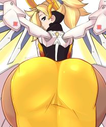 Rule 34 | 1girl, artist name, ass, ass focus, bent over, bewbchan, blonde hair, blue eyes, halo, highres, huge ass, long hair, looking at viewer, looking back, mechanical halo, mechanical wings, mercy (overwatch), overwatch, overwatch 1, ponytail, see-through, signature, smile, solo, thick thighs, thighs, thong, wide hips, wings