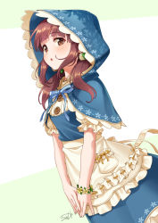 Rule 34 | 1girl, :o, alternate costume, apron, aqua capelet, aqua dress, beige background, blush, brown eyes, brown hair, buttons, capelet, commentary request, dress, dutch angle, floral print, frilled apron, frilled capelet, frills, hair ornament, hood, hood up, hooded capelet, idolmaster, idolmaster cinderella girls, jewelry, long hair, looking at viewer, ogata chieri, open mouth, own hands together, ribbon, ribbon-trimmed apron, ribbon trim, short sleeves, signature, solo, twintails, two-tone background, tyuga, v arms, waist apron, white apron, white background