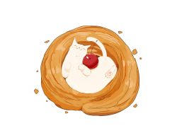 Rule 34 | animal focus, cat, chai (drawingchisanne), cherry, commentary request, crumbs, curled up, danish pastry, dessert, food, food focus, fruit, highres, no humans, original, pastry, sitting on food, sweets, undersized animal, white background, white cat