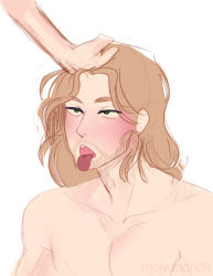 Rule 34 | 1boy, blonde hair, blush, facial hair, green eyes, hand on another&#039;s head, highres, janne falk, male focus, open mouth, original, sketch, tongue, tongue out, topless male