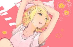 Rule 34 | 1girl, bad id, bad pixiv id, blonde hair, expressionless, hairband, iko (i-my-16), kagamine rin, looking away, lying, open mouth, short hair, solo, vocaloid