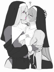 Rule 34 | 2girls, ?, absurdres, borrowed character, breast press, breasts, bridal gauntlets, forced kiss, french kiss, habit, hand on another&#039;s head, highres, hitobashira (1746164306), huge breasts, kiss, long hair, multiple girls, nail polish, nun, original, pink eyes, red eyes, rolling eyes, side slit, sister virodar, spoken question mark, spot color, standing, sweat, torogao, very long hair, yuri