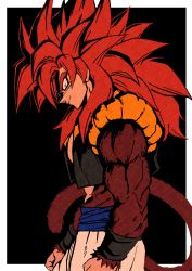 Rule 34 | 1boy, black background, body fur, brown fur, closed mouth, dragon ball, dragon ball gt, from side, fusion dance, gogeta, highres, looking at viewer, male focus, metamoran vest, monkey boy, monkey tail, outside border, pants, parted lips, profile, red hair, relio db318, simple background, smile, solo, spiked hair, standing, super saiyan, super saiyan 4, tail, white pants