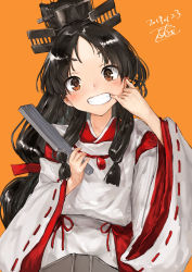 Rule 34 | 1girl, black hair, blush, brown eyes, collarbone, commentary request, folding fan, hair between eyes, hair ornament, hair ribbon, hand fan, headgear, high ponytail, highres, japanese clothes, kantai collection, long hair, long sleeves, looking at viewer, multi-tied hair, nisshin (kancolle), open mouth, ribbon, ribbon-trimmed sleeves, ribbon trim, short eyebrows, simple background, smile, solo, standing, teeth, thick eyebrows, toka (marchlizard), wide sleeves