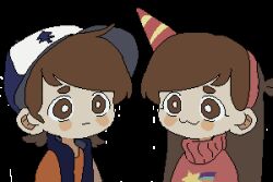 Rule 34 | :3, animated, animated gif, animification, antenna hair, balloon, baseball cap, blinking, blue headwear, blue vest, blush stickers, brother and sister, brown eyes, brown hair, chinese commentary, closed mouth, commentary request, dipper pines, eyelashes, frown, gravity falls, hairband, hat, holding, holding balloon, long hair, long sleeves, looping animation, lowres, mabel pines, medium hair, mini party hat, open clothes, open mouth, open vest, orange shirt, orange sleeves, pink hairband, pink sleeves, pink sweater, pixel art, red headwear, riko-m, shirt, shooting star (symbol), siblings, smile, star (symbol), star print, striped clothes, striped headwear, sweatdrop, sweater, transparent background, tree print, turtleneck, turtleneck sweater, twins, two-sided fabric, two-sided headwear, two-tone headwear, upper body, vest, wavy mouth, white headwear, wide-eyed