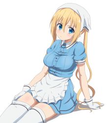 Rule 34 | 1girl, apron, blend s, blonde hair, blue eyes, blue shirt, blue skirt, blush, breasts, closed mouth, collared shirt, comic, dress shirt, female focus, frilled apron, frills, gloves, hair between eyes, head scarf, hinata kaho, long hair, looking at viewer, medium breasts, pleated skirt, puffy short sleeves, puffy sleeves, shirt, short sleeves, sidelocks, sincos, sitting, skirt, solo, stile uniform, thighhighs, twintails, uniform, very long hair, waist apron, waitress, white apron, white background, white gloves, white thighhighs