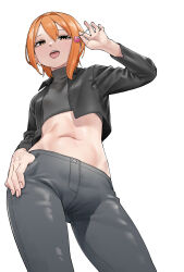 Rule 34 | 1girl, absurdres, borrowed character, candy, crop top, cropped jacket, flat chest, food, from below, highres, holding, holding candy, holding food, holding lollipop, jacket, lollipop, looking at viewer, midriff, navel, open clothes, open jacket, open mouth, orange eyes, orange hair, original, pants, short hair, simple background, solo, teeth, tongue, tongue out, untsuku, white background