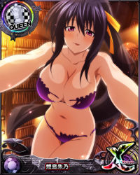 Rule 34 | 1girl, bikini, black hair, blush, breasts, card (medium), character name, chess piece, cleavage, hair ribbon, high school dxd, high school dxd cross, himejima akeno, large breasts, long hair, looking at viewer, naughty face, navel, official art, ponytail, purple bikini, purple eyes, queen (chess), ribbon, smile, solo, source request, swimsuit, tongue, tongue out, torn bikini, torn clothes, trading card, very long hair