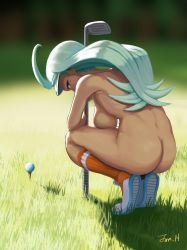 Rule 34 | 1girl, absurdres, ahoge, aqua hair, artist name, ass, back, bad id, bad pixiv id, ball, blue eyes, blurry, blurry background, breast press, breast rest, breasts, commentary request, creatures (company), day, depth of field, from behind, full body, game freak, golf ball, golf club, grass, hanging breasts, highres, huge ahoge, jonathan h, kahili (pokemon), kneehighs, leaning forward, long hair, looking at viewer, looking back, medium breasts, mole, mole under eye, nintendo, nude, orange socks, outdoors, pokemon, pokemon sm, public indecency, shoe soles, shoes, signature, socks, solo, squatting, sunlight, visor cap, white footwear, zenra