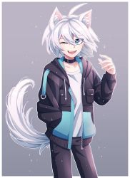 Rule 34 | 1boy, ahoge, animal ear fluff, animal ears, black jacket, black pants, blue eyes, blue jacket, border, cheer (cheerpuppy14), choker, collarbone, commentary, commission, cowboy shot, danganronpa (series), danganronpa v3: killing harmony, english commentary, fangs, grey background, grey eyes, grey hair, hair between eyes, hand in pocket, hand up, highres, hood, hood down, jacket, k1-b0, long sleeves, looking at viewer, male focus, one eye closed, open clothes, open jacket, open mouth, outline, outside border, pants, shirt, short hair, smile, solo, sparkle, tail, virtual youtuber, white border, white hair, white outline, wolf ears, wolf tail