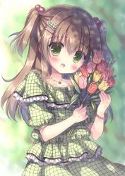 Rule 34 | 1girl, bead bracelet, beads, blouse, blush, bracelet, brown hair, checkered clothes, checkered shirt, cowboy shot, flower, green eyes, hair between eyes, hair bobbles, hair ornament, hairclip, highres, holding, holding flower, jewelry, kouta., long hair, necklace, open mouth, original, puffy short sleeves, puffy sleeves, rose, shirt, short sleeves, solo, two side up