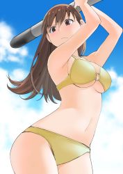 Rule 34 | 10s, 1girl, alternate costume, armpits, arms up, bikini, blue sky, blush, breasts, brown eyes, brown hair, closed mouth, cloud, commentary request, day, hair between eyes, holding, holding torpedo, kantai collection, long hair, looking at viewer, looking down, masukuza j, medium breasts, navel, o-ring, o-ring bikini, o-ring top, ooi (kancolle), sideboob, sky, solo, standing, stomach, swimsuit, torpedo, underboob, yellow bikini