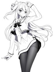 Rule 34 | 1girl, arm up, blush, bow, breasts, closed mouth, commentary, dress shirt, emily stock, fingernails, greyscale, hair between eyes, hair ribbon, jacket, long hair, long sleeves, medium breasts, monochrome, one side up, open clothes, open jacket, original, pantyhose, ribbon, ririko (zhuoyandesailaer), sailor collar, shirt, sidelocks, skirt, sleeves past wrists, smile, solo, symbol-only commentary, thighband pantyhose, very long hair