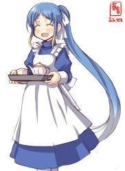 Rule 34 | 1girl, absurdres, alternate costume, alternate hairstyle, apron, artist logo, blonde hair, blue dress, blue hair, closed eyes, commentary request, dated, dress, enmaided, feet out of frame, frilled apron, frills, gradient hair, highres, kanon (kurogane knights), kantai collection, long hair, maid, multicolored hair, samidare (kancolle), simple background, smile, solo, swept bangs, tea set, tray, very long hair, white apron, white background